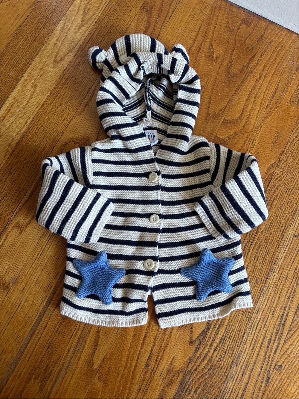 GAP Baby Hooded Stripe Knit Cardigan in Navy & Cream